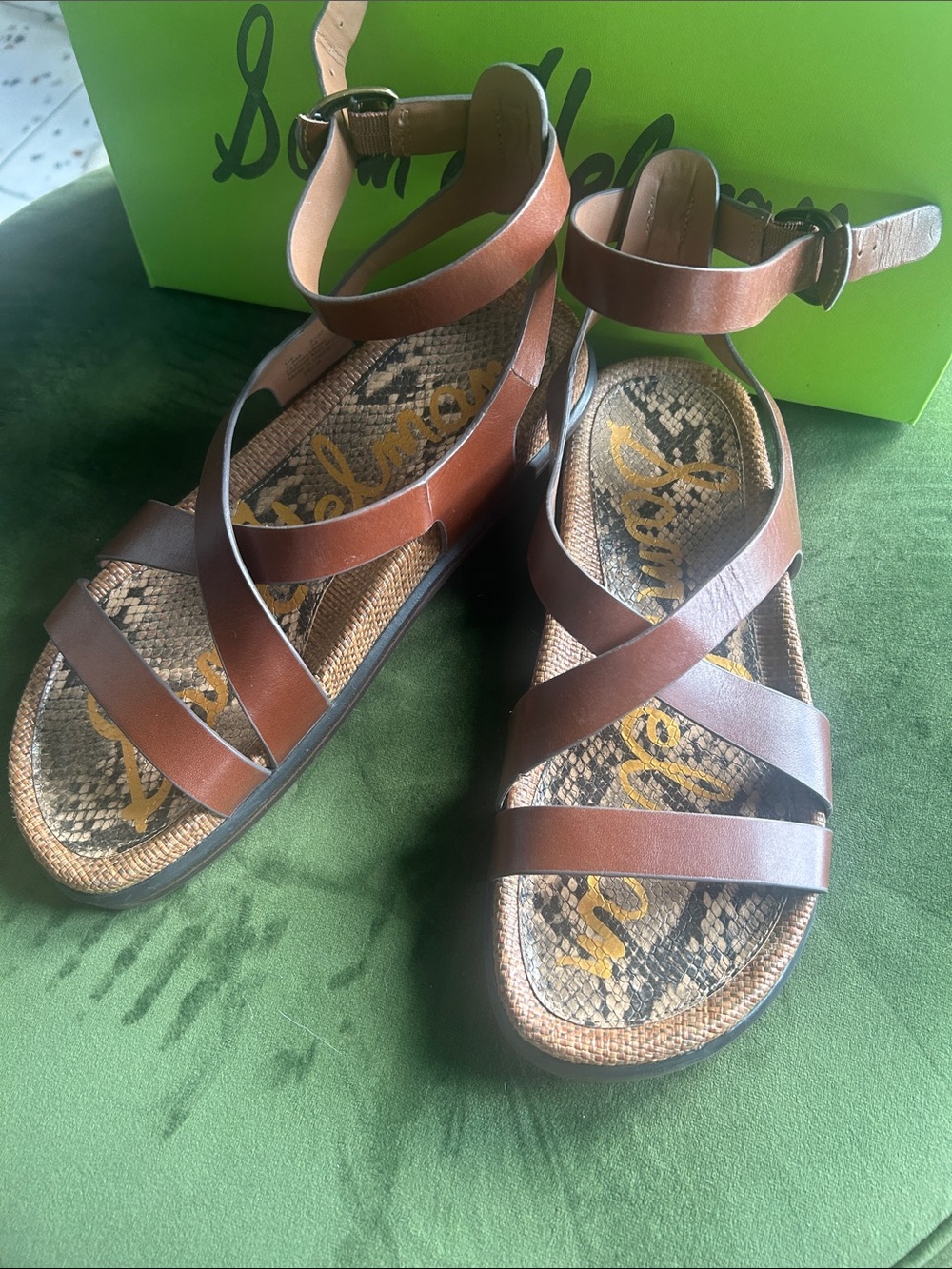 Sam Edelman Brown Leather Crisscross Ankle-Strap Sandals